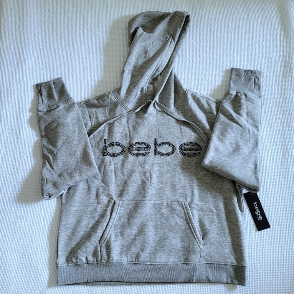 bebe Sport⛹️ Heather Gray Rhinestud Logo Hoodie - NWT - Picture 2 of 16